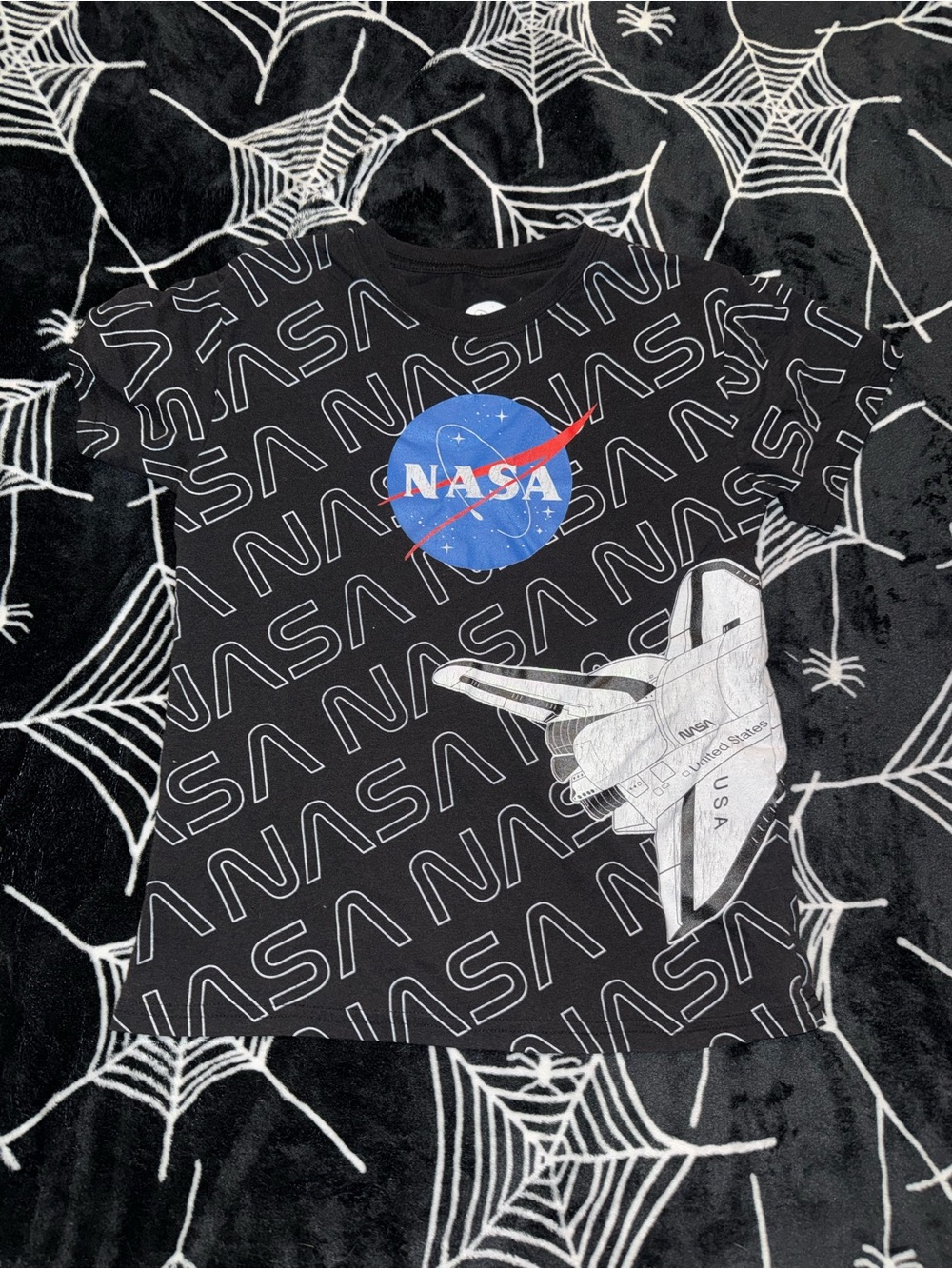 NASA shirt in black with classic NASA logo and space shuttle graphic